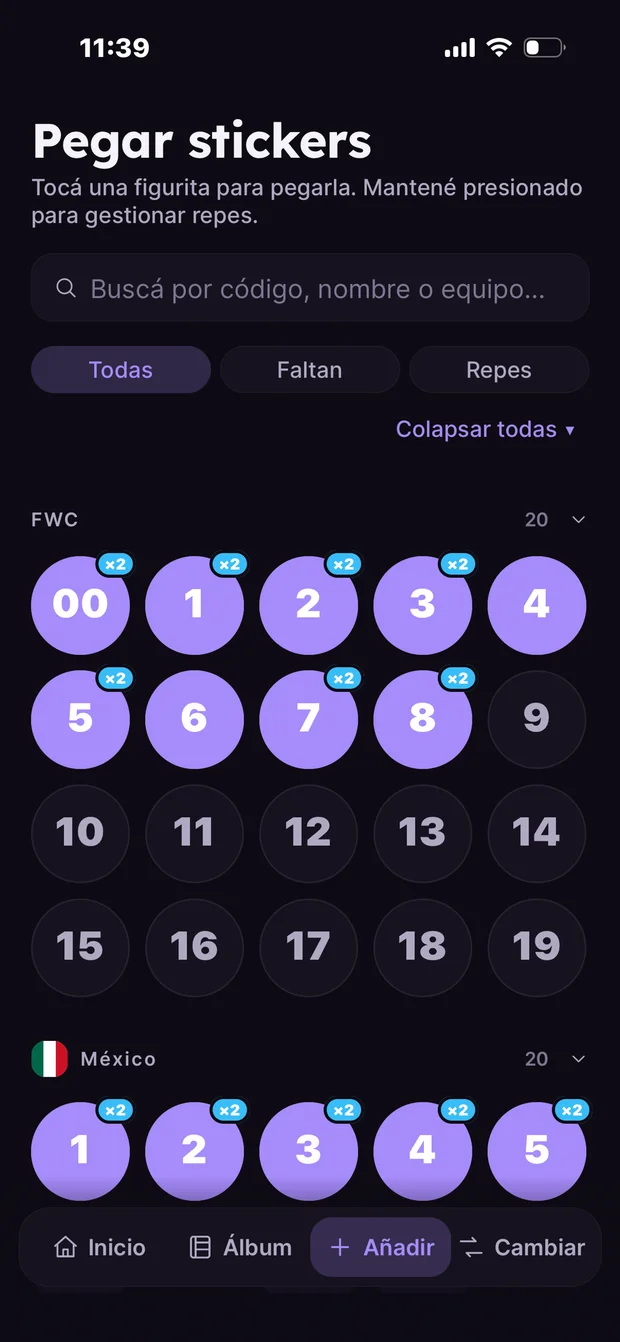 Mis Figus sticker collection screen with search, filters and duplicate counts, in Spanish