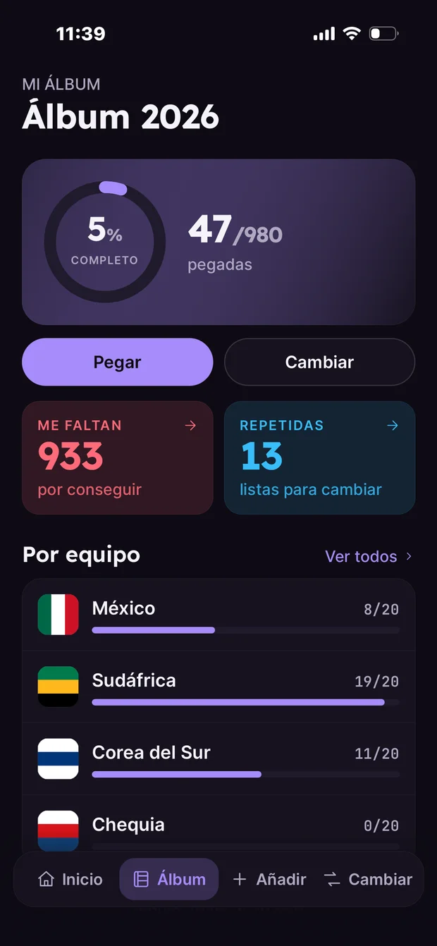 Mis Figus album screen showing collection progress, missing stickers, and duplicates, in Spanish